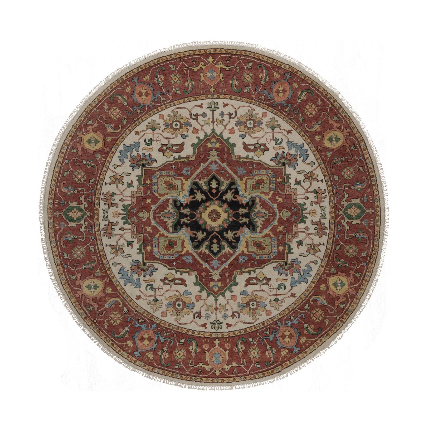 6'10"x6'10" Chiffon White, Antiqued Fine Heriz Re-Creation, Medallion Design, Hand Knotted, Hand Spun New Zealand Wool, Soft Pile, Vegetable Dyes, Round, Oriental Rug 
